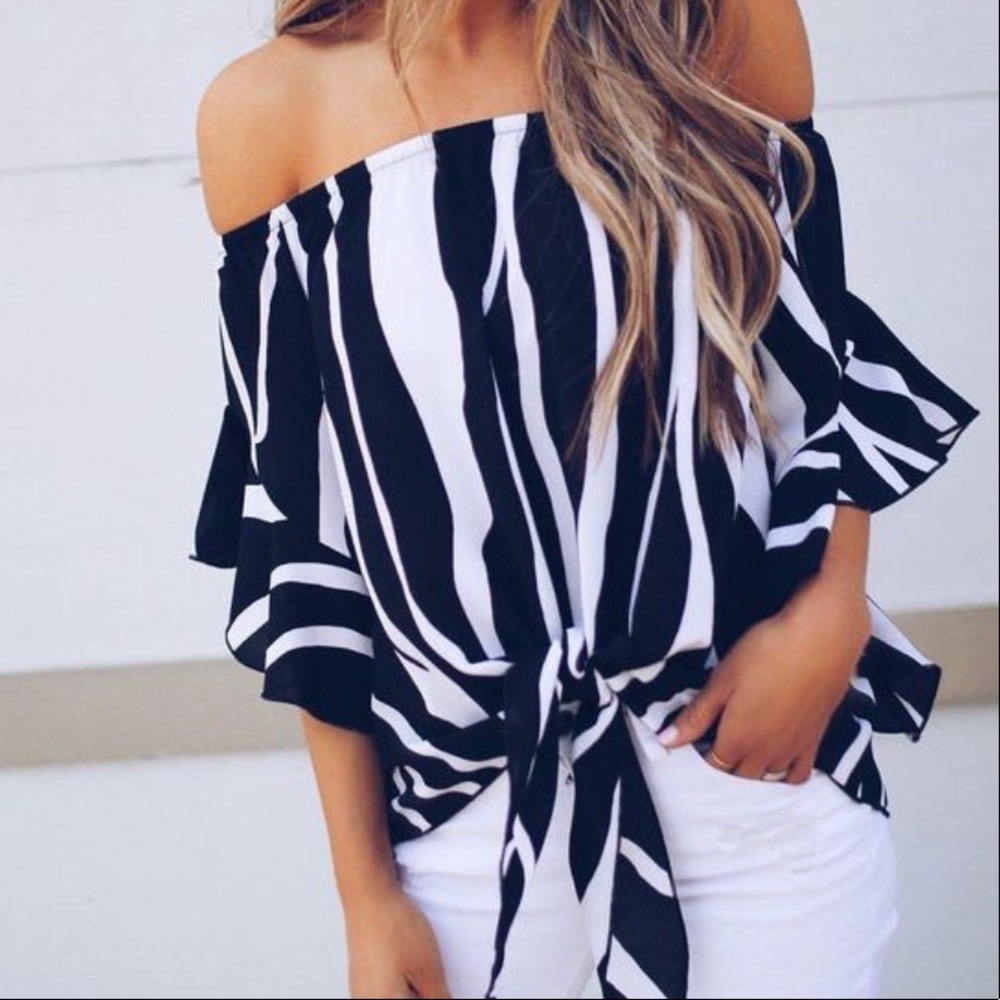 RESTOCK‼️BLACK White strip off shoulder - Top - Picture 2 of 4